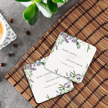 Elegant Lavender Eucalyptus Leafy Foliage Wedding Customized Photo Printed Tea & Coffee Coasters