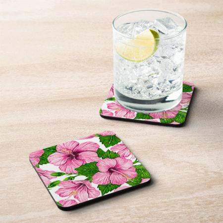 Pink Hibiscus Watercolor Pattern Customized Photo Printed Tea & Coffee Coasters