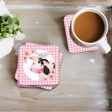 Pink Gingham Floral Cow Farm Animal Customized Photo Printed Tea & Coffee Coasters
