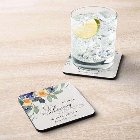 Cheerful Rustic Yellow Blue Floral Bridal Shower Customized Photo Printed Tea & Coffee Coasters