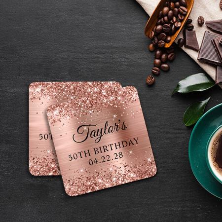 Glittery Rose Gold Foil 50th Birthday Customized Photo Printed Tea & Coffee Coasters