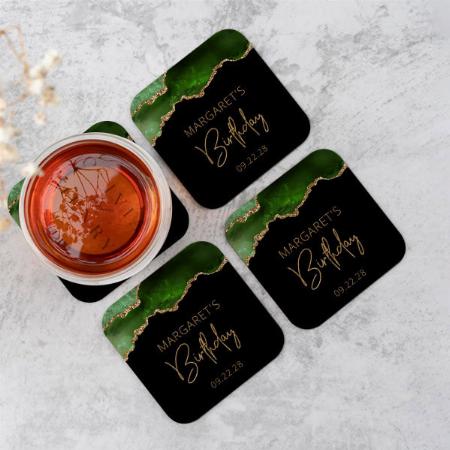 Chic Agate Geode Green Gold Birthday Party Customized Photo Printed Tea & Coffee Coasters