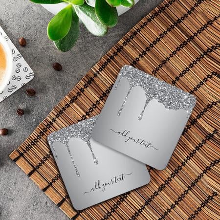 Silver Glitter Sparkle Drips Customized Photo Printed Tea & Coffee Coasters