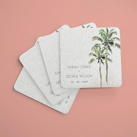 Rustic Tropical Beach Palm Tree Watercolor Design with Name Customized Photo Printed Tea & Coffee Coasters