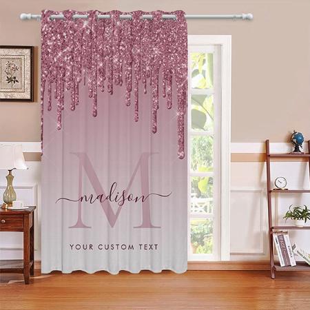 Blush Pink Glitter Drips Sparkle Modern Monogram Customized Photo Printed Curtain