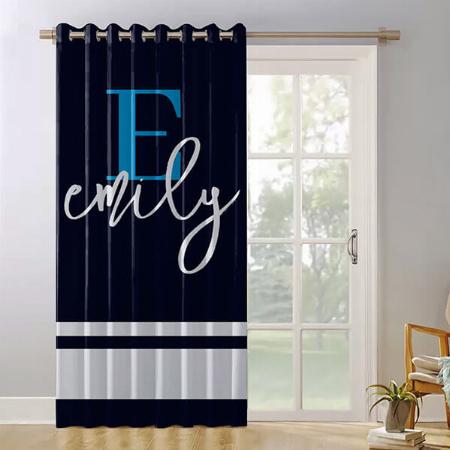 Navy Blue White Stripes with Name Customized Photo Printed Curtain