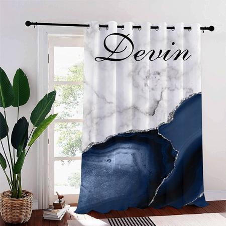 White Marble Navy Blue Silver Agate Customized Photo Printed Curtain
