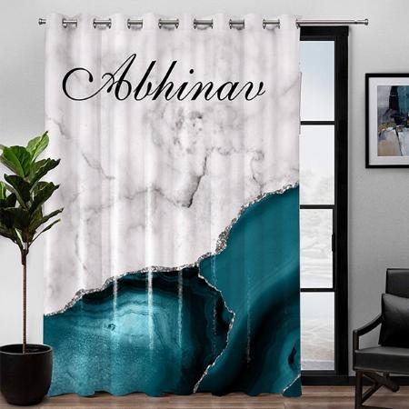 White  Navy Blue Agate Marble Customized Photo Printed Curtain