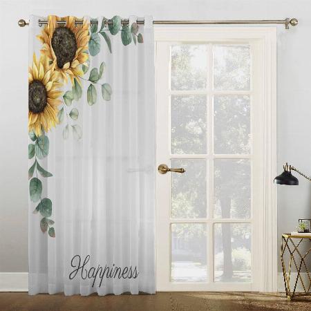 Sunflower Eucalyptus Leaves Script Monogram Customized Photo Printed Curtain