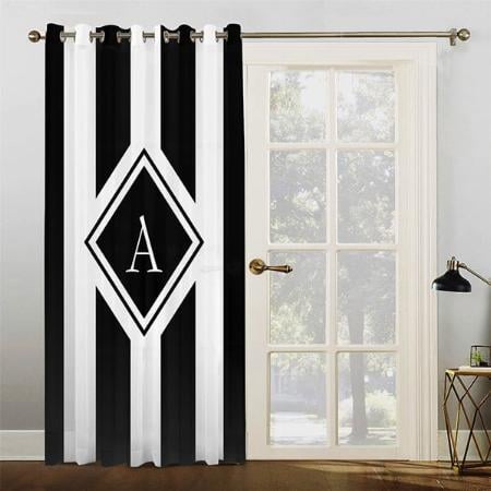Elegant Black White Vertical Stripes Monogram Customized Photo Printed Curtain