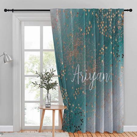 Shimmery Gold Stars on Teal Customized Photo Printed Curtain