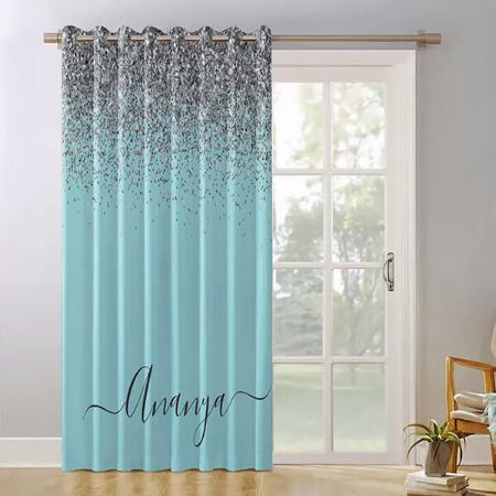 Aqua Blue Teal Silver Glitter Monogram Customized Photo Printed Curtain