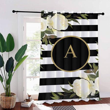 White Roses Gold Monogram Black White Stripes Customized Photo Printed Curtain