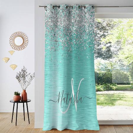 Teal Brushed Metal Silver Glitter Monogram Customized Photo Printed Curtain
