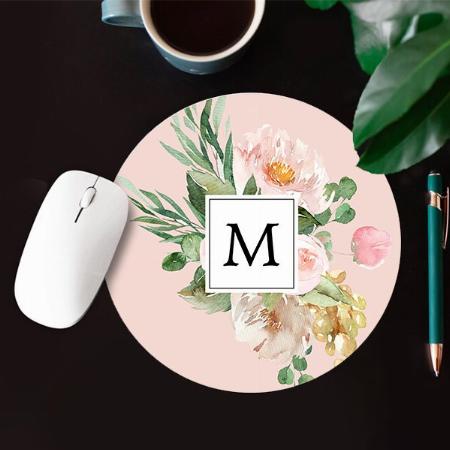 Modern Watercolor Pink Flowers Monogram Customized Printed Circle Mousepad Photo Mouse Pad