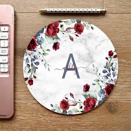 Dusty Blue Burgundy Floral Marble Customized Printed Circle Mousepad Photo Mouse Pad