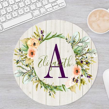 Pretty Watercolor Floral Wreath Monogram Customized Printed Circle Mousepad Photo Mouse Pad