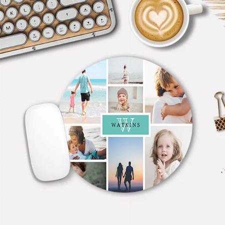 Simple Family Photo Collage & Monogram Customized Printed Circle Mousepad Photo Mouse Pad