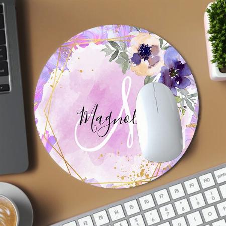 Floral Purple, Pink & Gold Marble Monogram Customized Printed Circle Mousepad Photo Mouse Pad