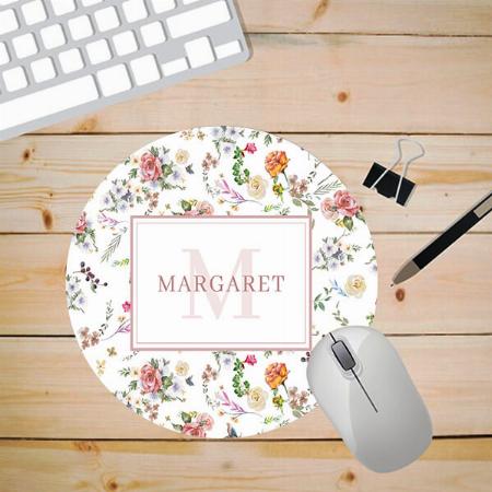 Garden Rose Pink Floral Watercolor Monogram Customized Printed Circle Mousepad Photo Mouse Pad