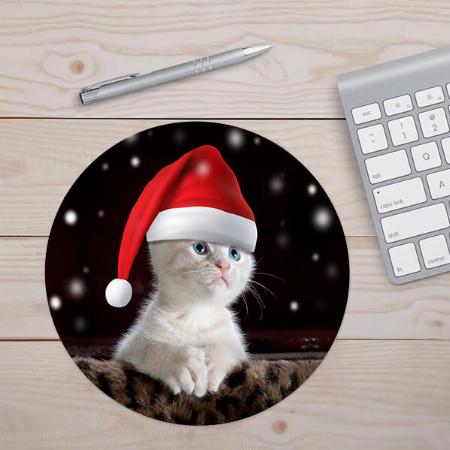White Cat in Santa Claus Hat Customized Printed Circle Mousepad Photo Mouse Pad