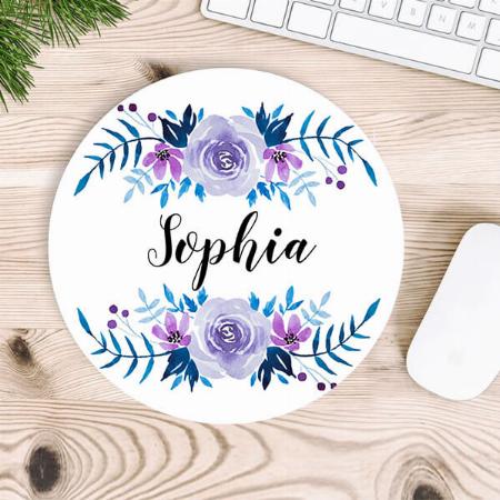 Watercolor Blue Purple Floral Customized Printed Circle Mousepad Photo Mouse Pad