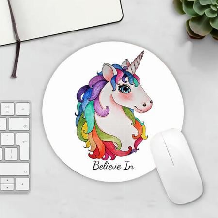 Watercolor Unicorn With Rainbow Hair Customized Printed Circle Mousepad Photo Mouse Pad