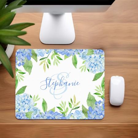 Modern Floral Blue Hydrangea Watercolor Monogram Customized Printed Rectangle Mousepad Photo Mouse Pad