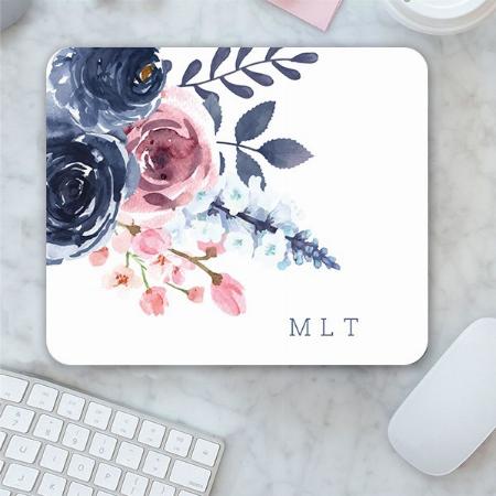 Elegant Pink Navy Floral Watercolor Monogram Customized Printed Rectangle Mousepad Photo Mouse Pad