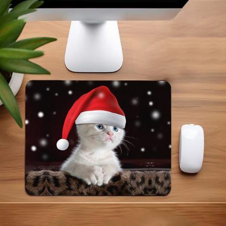 White Cat in Santa Claus Hat Customized Printed Rectangle Mousepad Photo Mouse Pad