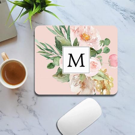 Modern Watercolor Pink Flowers Monogrammed Customized Printed Rectangle Mousepad Photo Mouse Pad