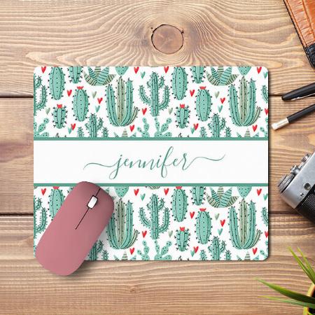 Whimsical Green White Cactus Pattern Monogram Customized Printed Rectangle Mousepad Photo Mouse Pad
