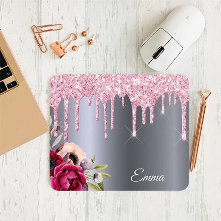 Silver Pink Glitter Drips Metallic Floral Customized Printed Rectangle Mousepad Photo Mouse Pad