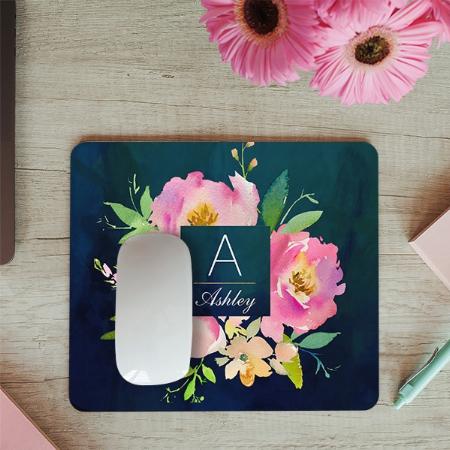 Blush Pink & Navy Floral Bouquet Monogram Customized Printed Rectangle Mousepad Photo Mouse Pad