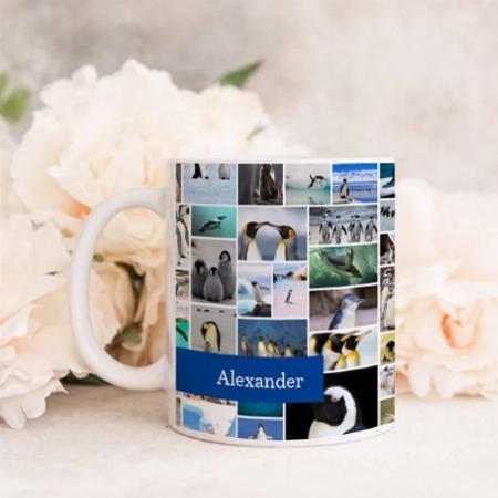 Cute Penguin Photo Collage Pattern with First Name Customized Photo Printed Coffee Mug