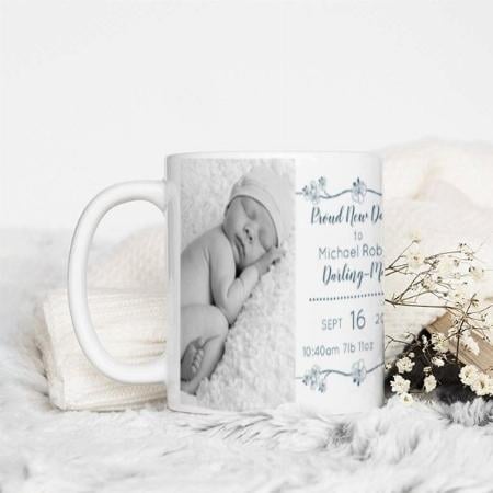 Dad Baby Photos & Birth Stats Blue & White Customized Photo Printed Coffee Mug