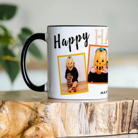 Happy Halloween Black Orange Monogrammed 4 Photo Customized Photo Printed Coffee Mug