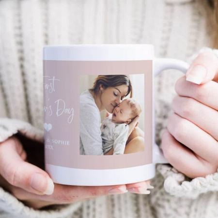 Blush Pink Two Photo Script First Mother's Day Customized Photo Printed Coffee Mug