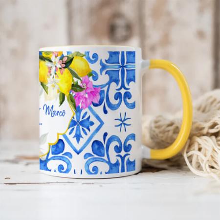 Blue Tiles with Lemon Bougainvillea Customized Photo Printed Coffee Mug