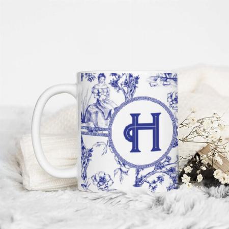 Blue and White Monogram Design Customized Photo Printed Coffee Mug