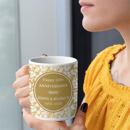 White Damask Gold Background Customized Photo Printed Coffee Mug