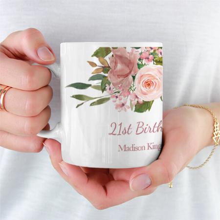Pink Rose Gold Flowers 21st Birthday Customized Photo Printed Coffee Mug