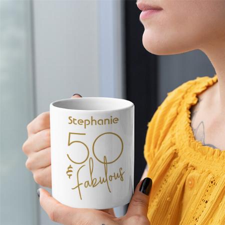 Modern Fifty & Fabulous Gold Script Birthday Design Customized Photo Printed Coffee Mug