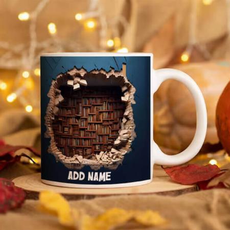 Library Bookshelf Design with Name Customized Photo Printed Coffee Mug