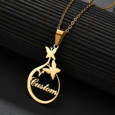 Circle with Butterfly Design Customized Name Necklace Pendants