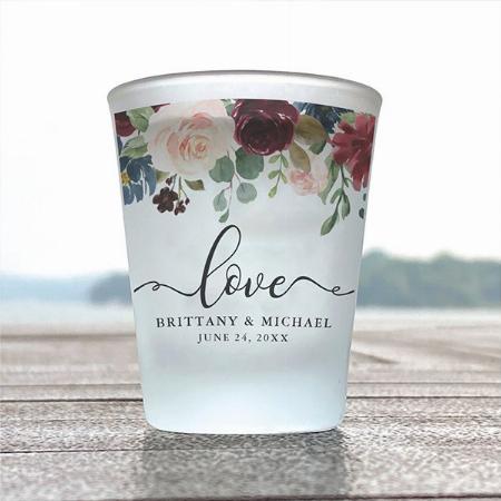 Burgundy Floral Design with Love Text Customized Photo Printed Shot Glass