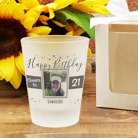 Happy Birthday Cheers to 21 Photo Customized Photo Printed Shot Glass