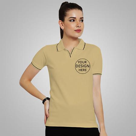 Beige Half Sleeves Women's Polo Collar Cotton T-Shirt