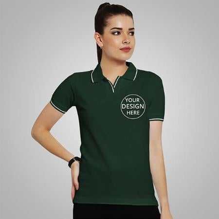 Bottle Green Half Sleeves Women's Polo Collar Cotton T-Shirt