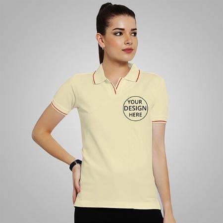 Cream Half Sleeves Women's Polo Collar Cotton T-Shirt